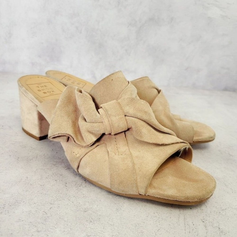 Boho Coquette Mule Sandals Womens 9 40 Beige Suede Bow Block Heel THE SHOE BOX‎